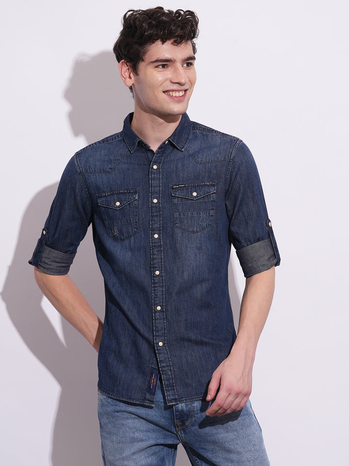 Dark Blue Regular Fit Regular Collar Men's Shirt by Being Human Clothing