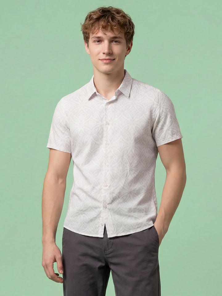 Beige Moderno Fit Men's Short Sleeves Spread Collar Casual Shirt  