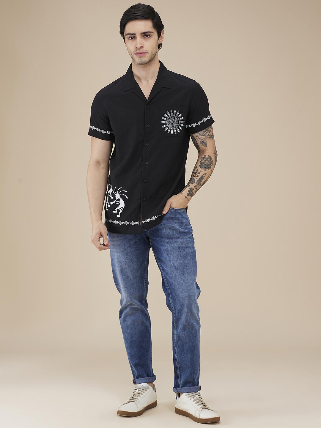 Black Regular Fit Regular Collar Men's Shirt by Being Human Clothing
