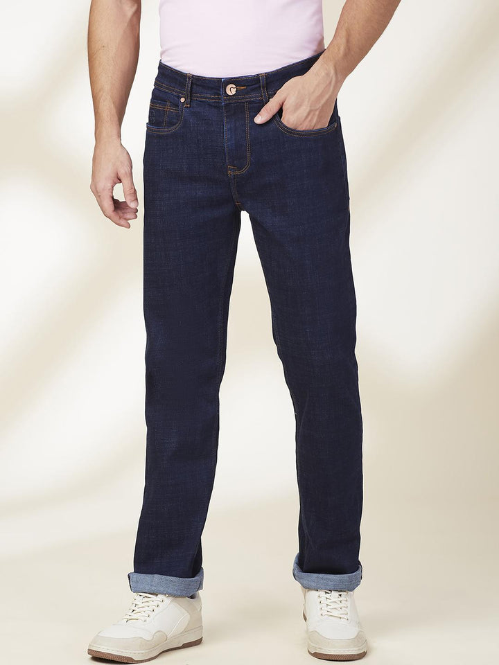 Dark Blue Straight Fit Denims For Men By Being Human Clothing