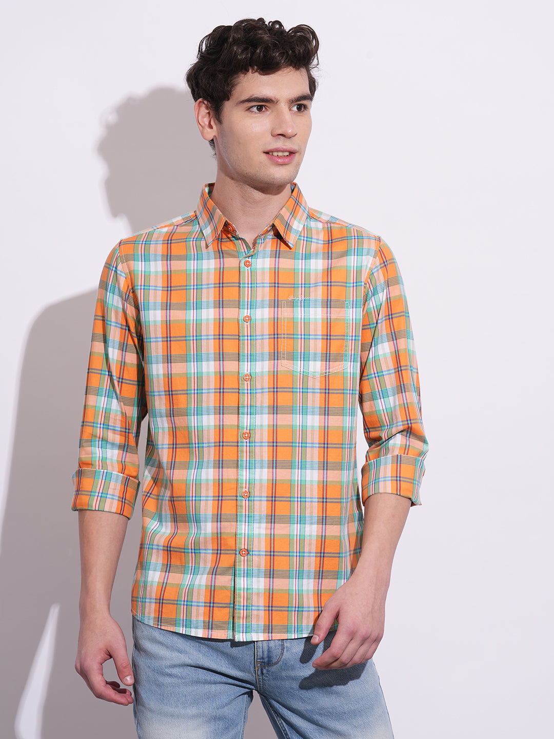 Orange Regular Fit Regular Collar Men's Shirt by Being Human Clothing