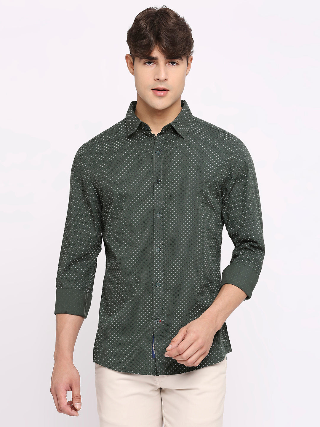 Green Slim Straight Fit Regular Collar Long Sleeves Men's Shirt by Being Human Clothing