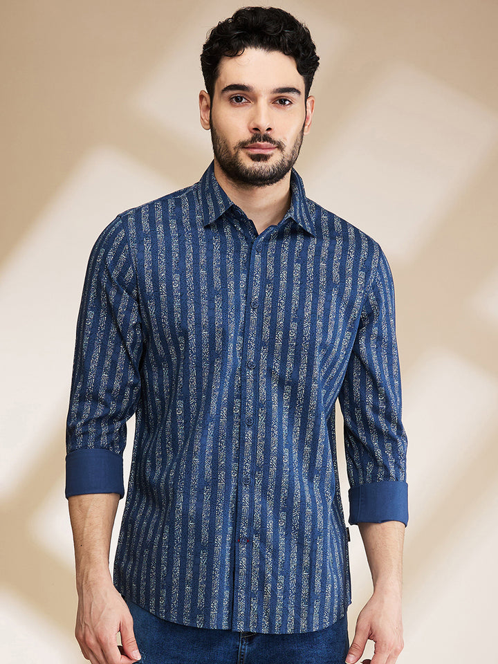 Blue Slim Straight Fit Regular Collar Long Sleeves Men's Shirt by Being Human Clothing