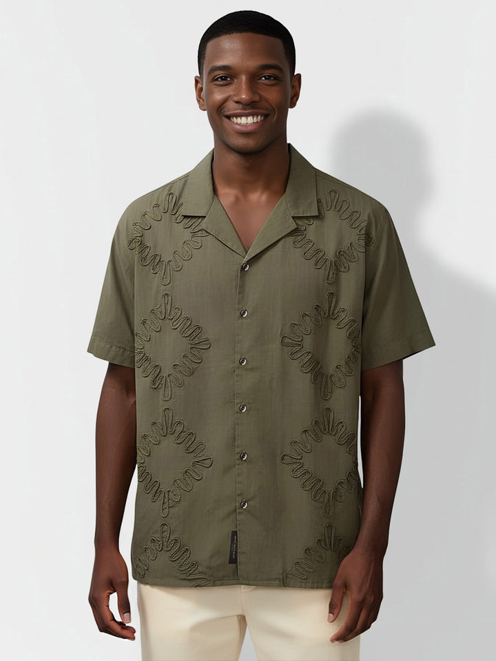 Olive Moderno Fit Regular Collar Short Sleeves Cotton Men's Shirt