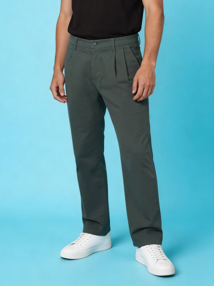 Grey Straight Fit Men's Single-Pleat Trousers  