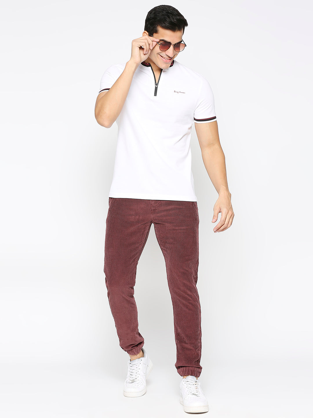 Maroon Slim Fit Joggers For Men By Being Human Clothing