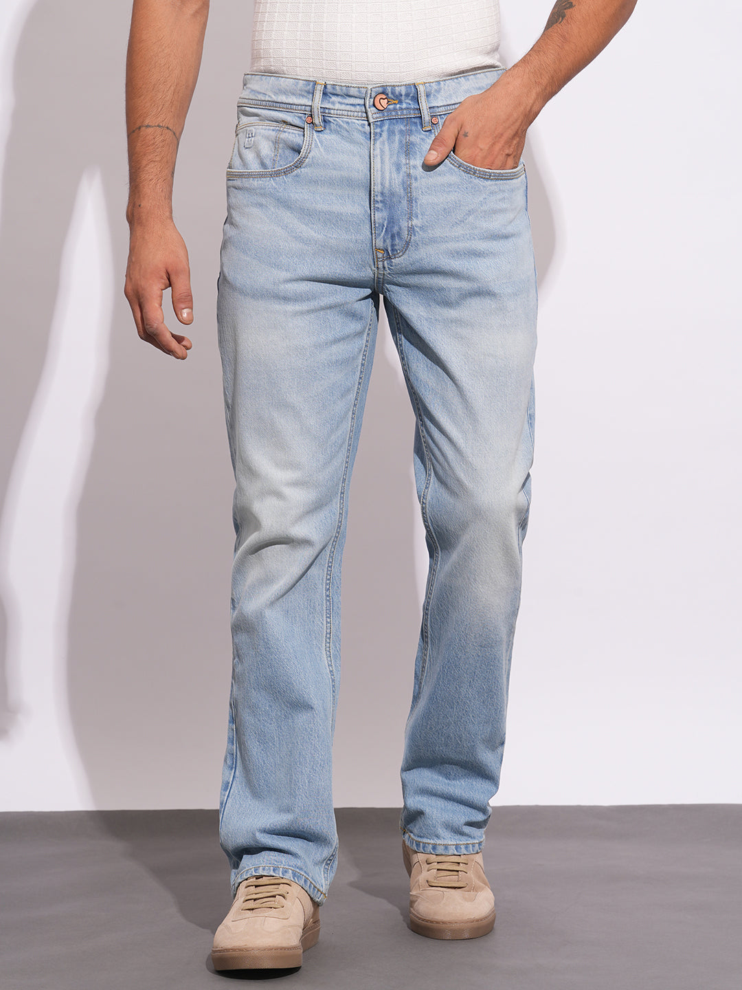 Light Blue Anti Fit Denims For Men By Being Human Clothing