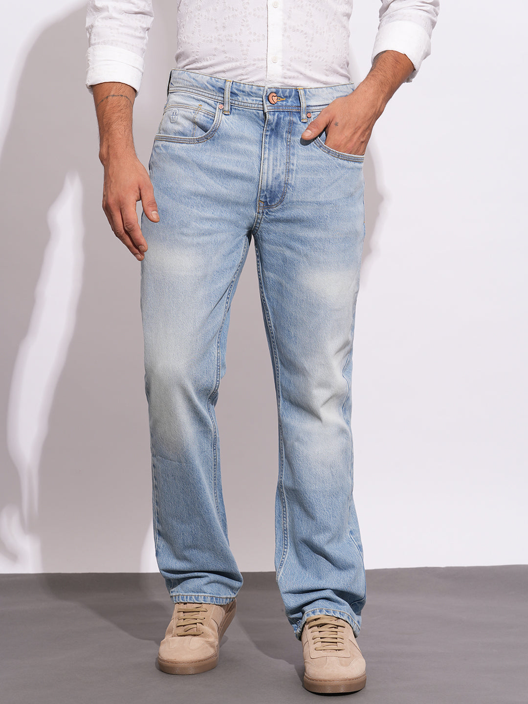 Light Blue Boot Cut Fit Denims For Men By Being Human Clothing