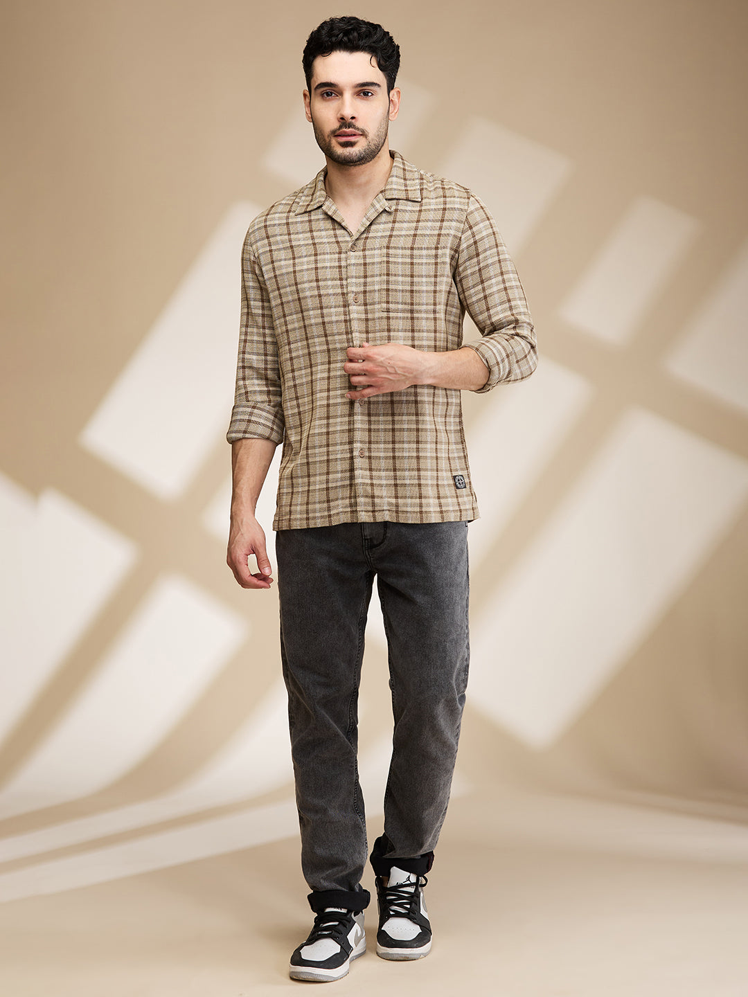 Grey Slim Straight Fit Regular Collar Long Sleeves Men's Shirt by Being Human Clothing