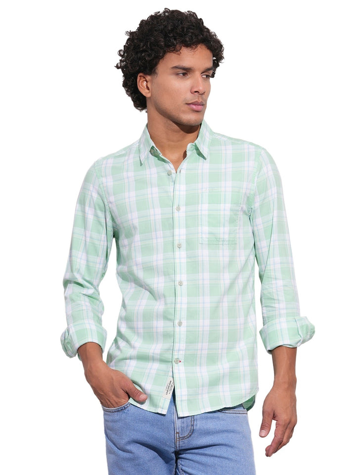Green Regular Fit Regular Collar Men's Shirt by Being Human Clothing