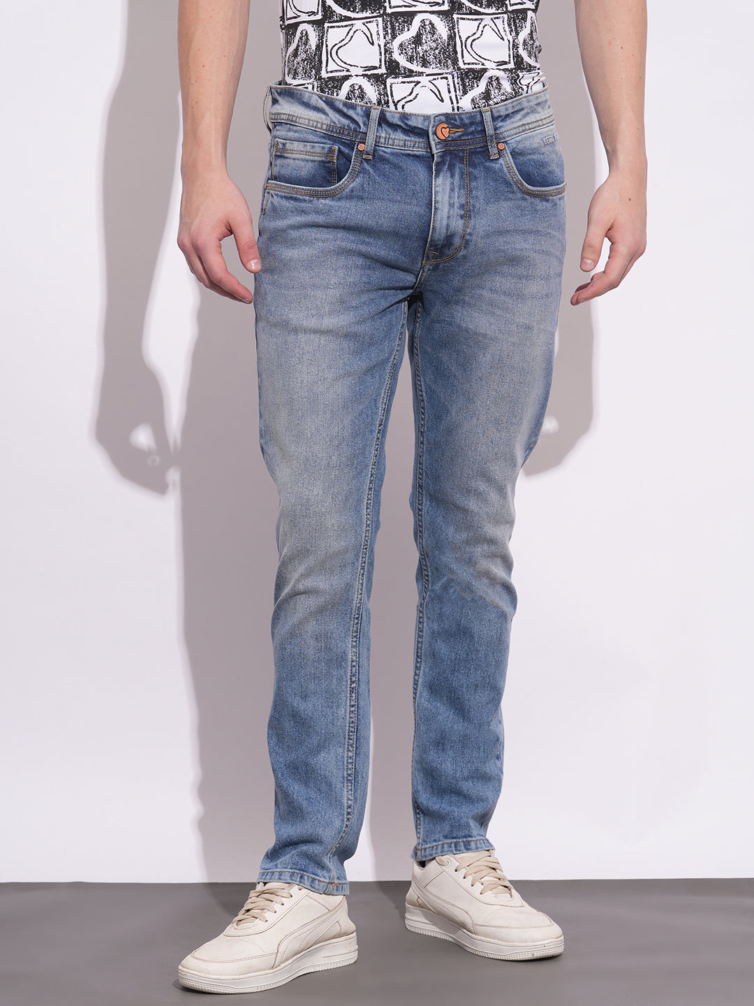 Light Blue Cropped Fit Denims For Men By Being Human Clothing