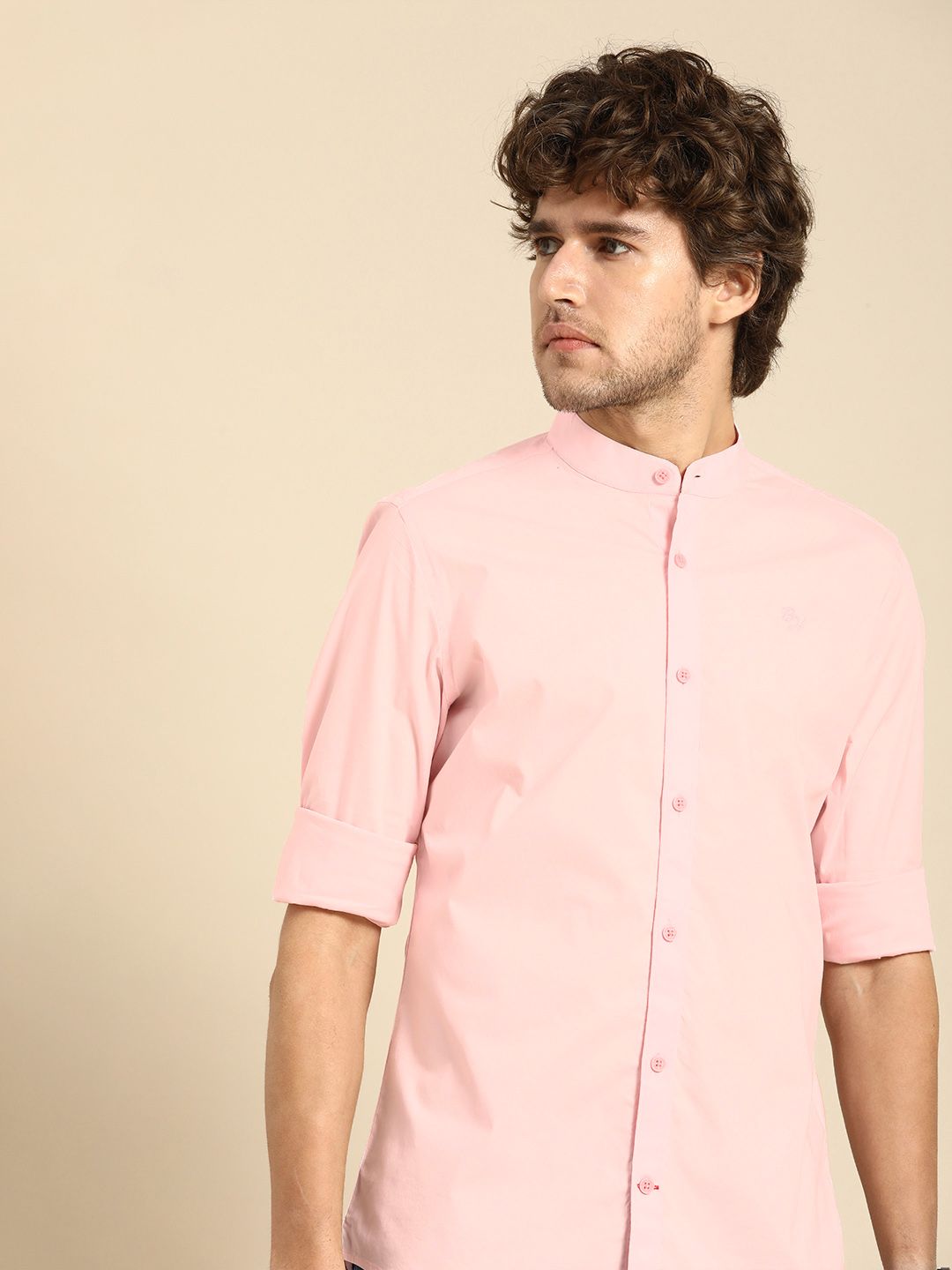 Pink Slim Straight Fit Mandarin Collar Long Sleeves Cotton Men's Shirt by Being Human Clothing