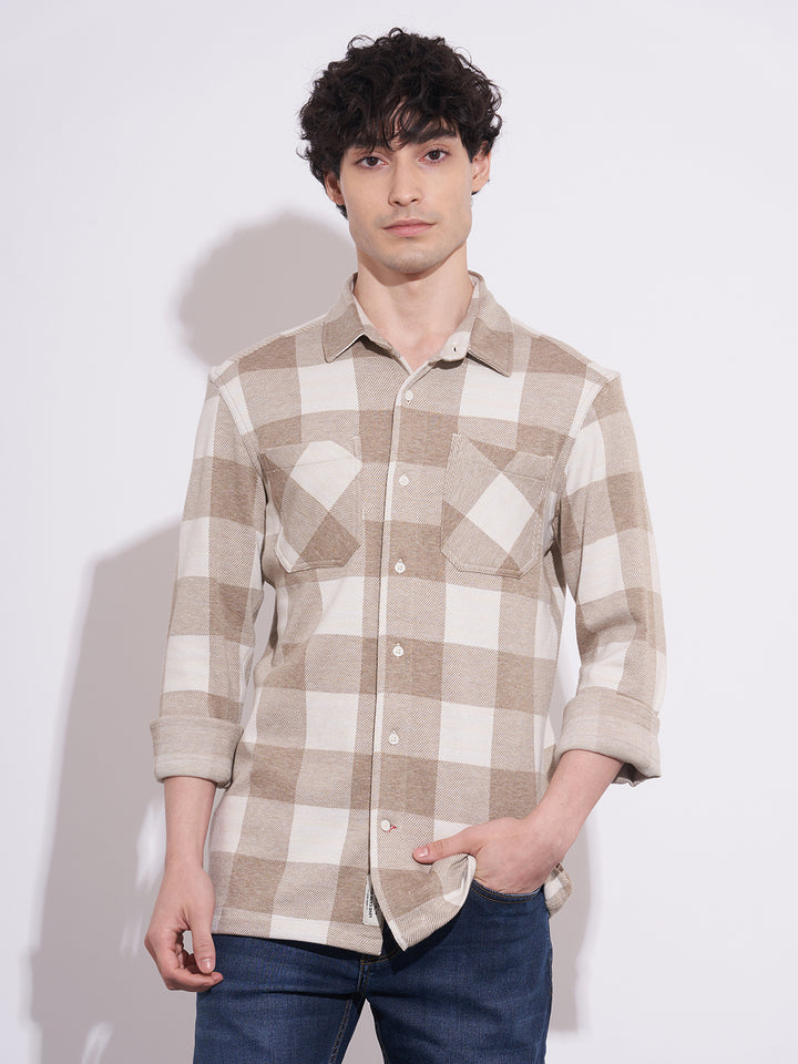 Beige Moderno Fit Regular Collar Long Sleeves Blended Men's Shirt