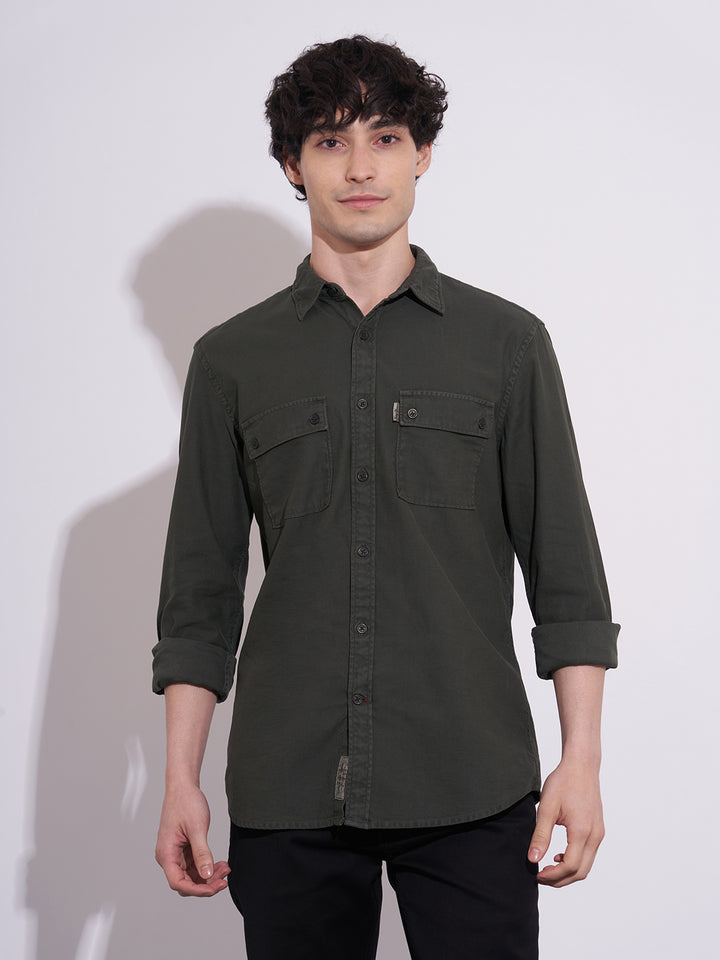 Olive Moderno Fit Regular Collar Men's Shirt