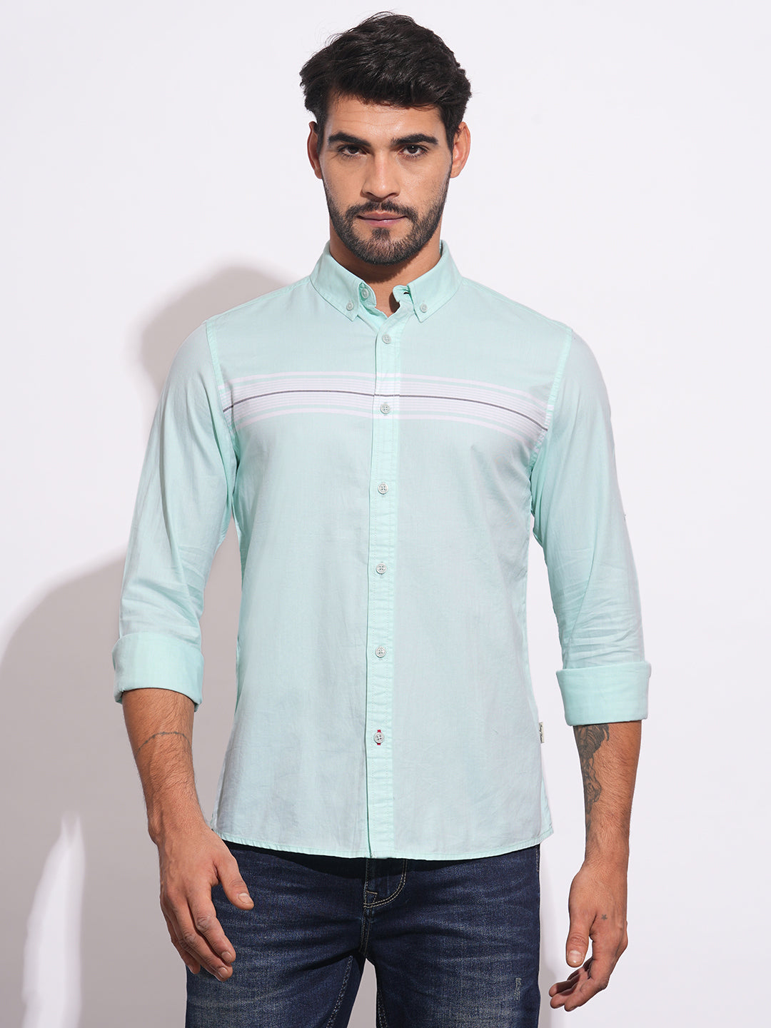 Sea Green Regular Fit Regular Collar Men's Shirt by Being Human Clothing
