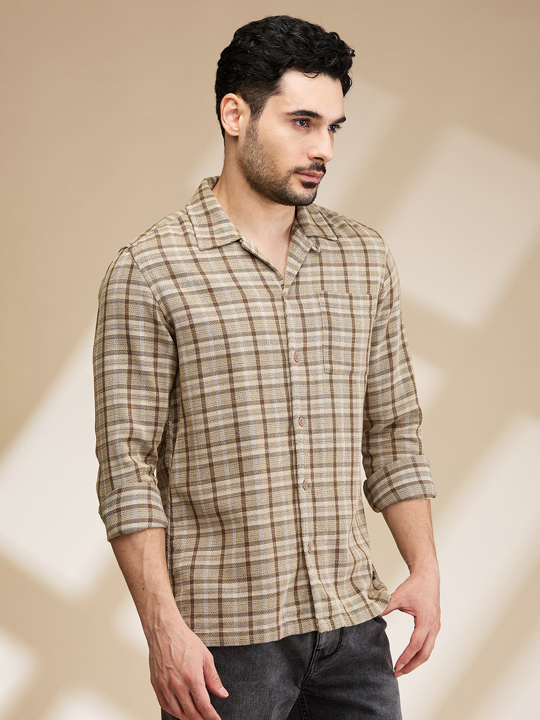 Grey Slim Straight Fit Regular Collar Long Sleeves Men's Shirt by Being Human Clothing