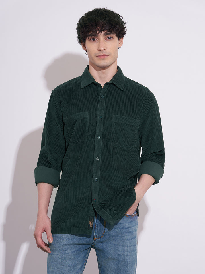 Dark Green Moderno Fit Regular Collar Men's Shirt by Being Human Clothing
