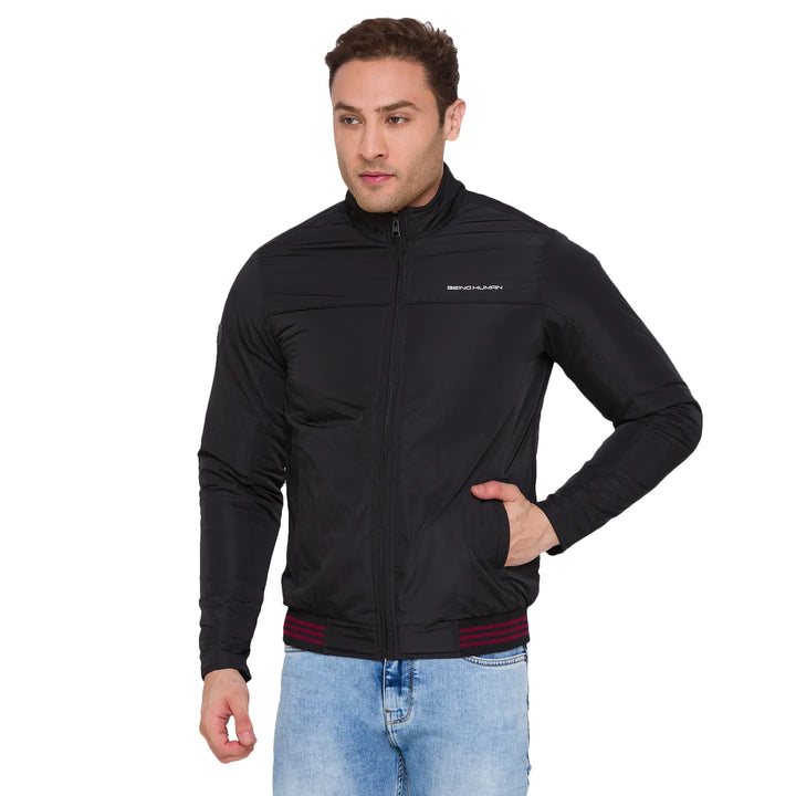 Black Regular Fit Long Sleeves Nylon Men's Jacket
