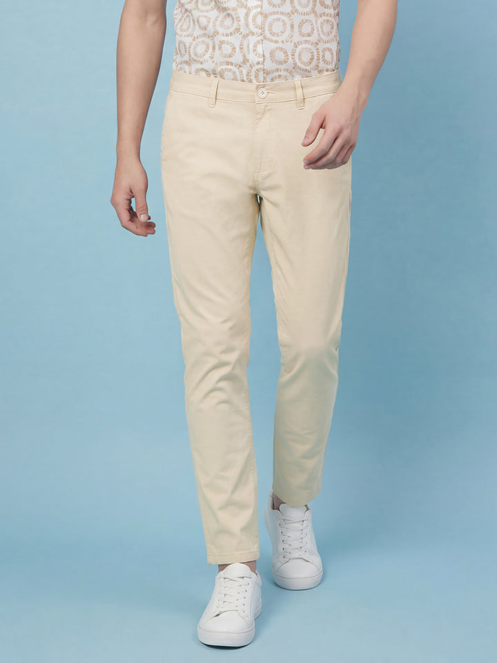 Beige Slim Fit Men's Mid Rise Cropped Trousers  