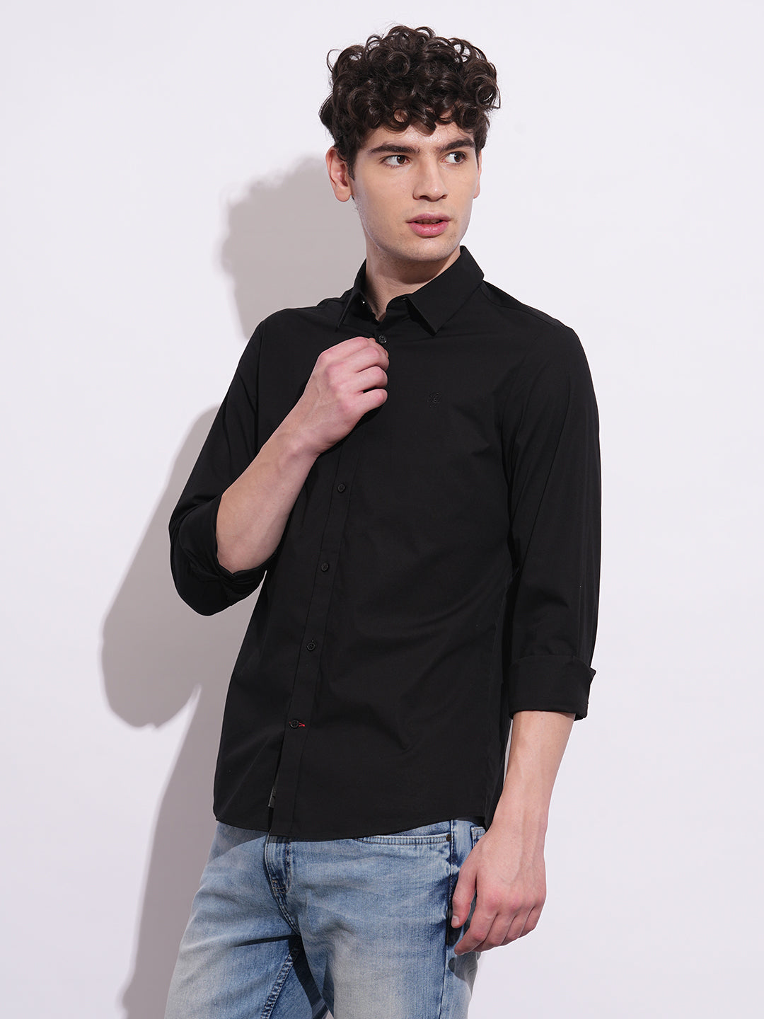 Black Slim Fit Regular Collar Men's Shirt by Being Human Clothing