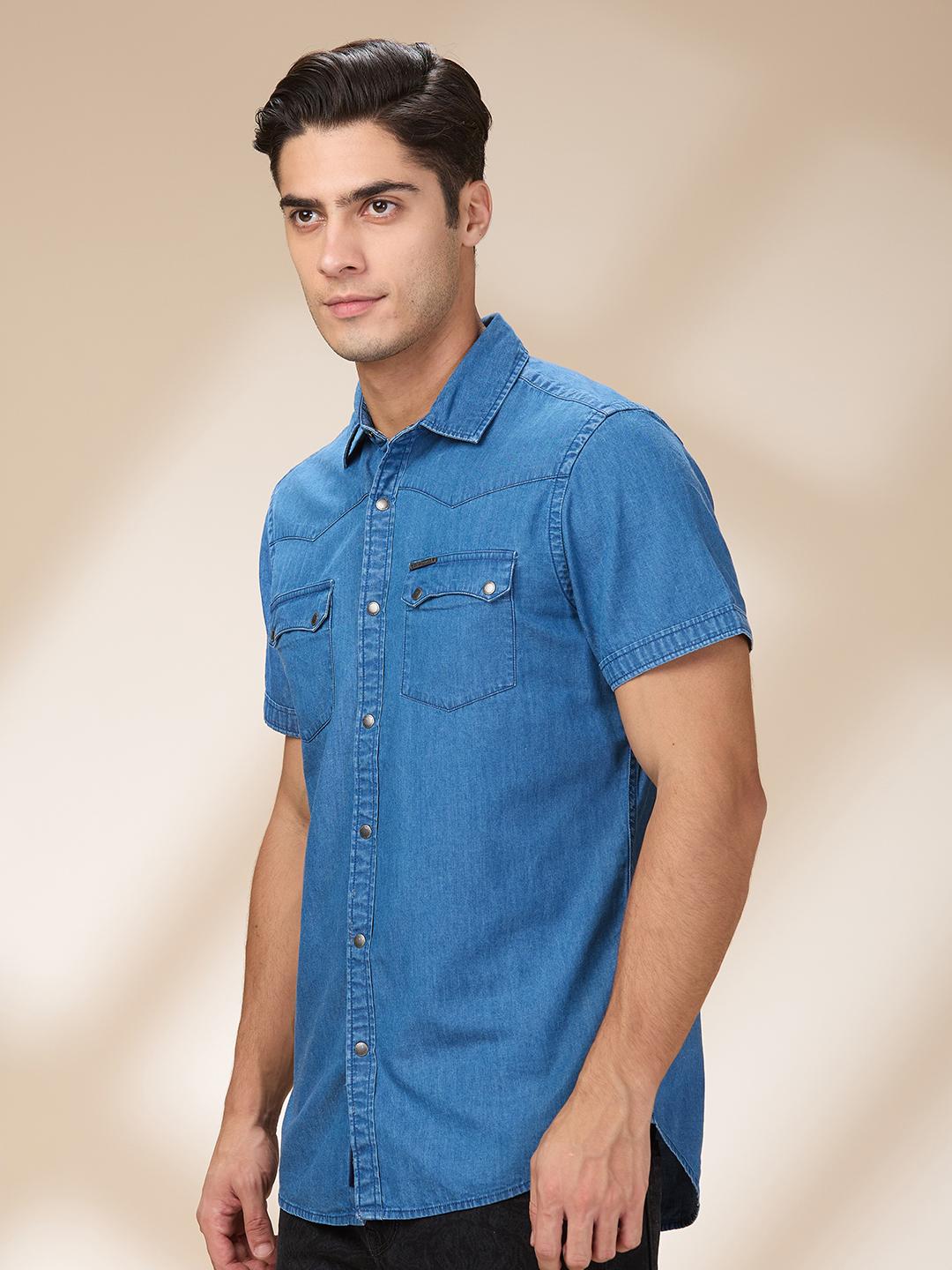 Blue Regular Fit Regular Collar Men's Shirt by Being Human Clothing