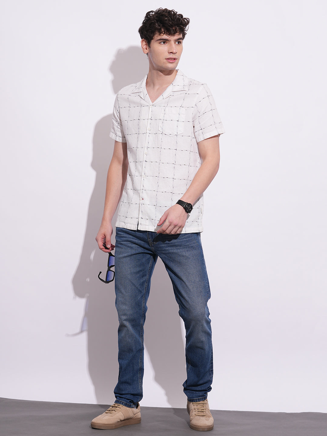 Off White Regular Fit Regular Collar Men's Shirt by Being Human Clothing