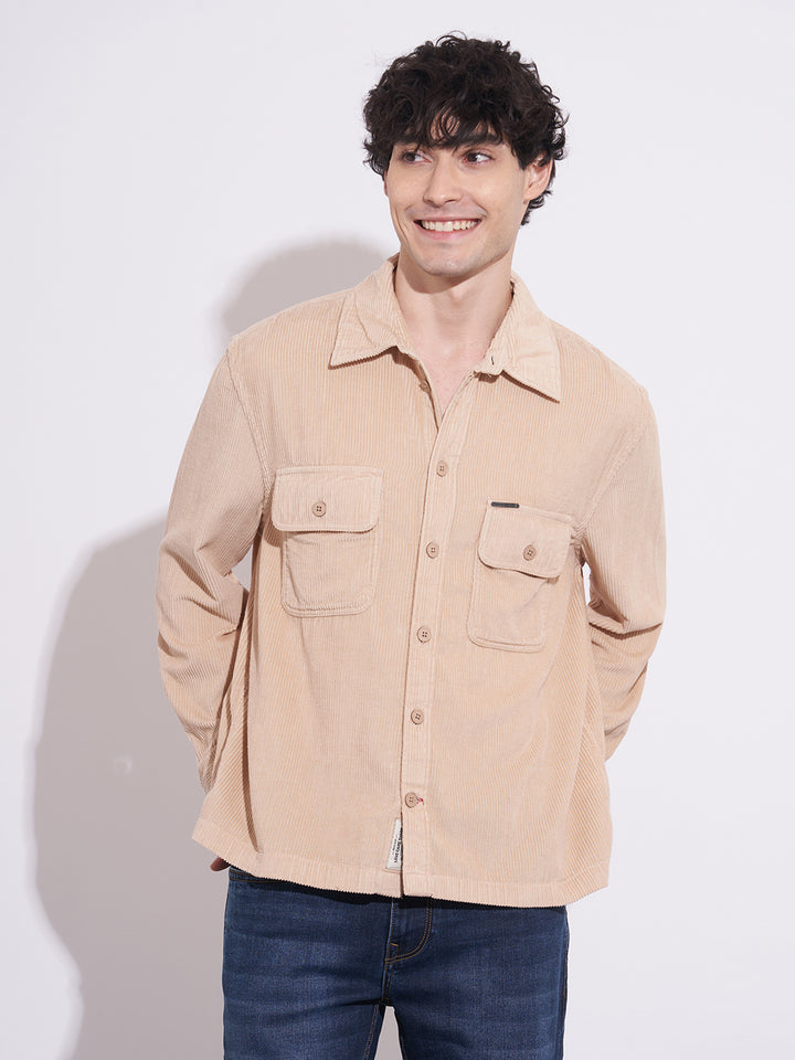 Beige Regular Fit Regular Collar Men's Shirt
