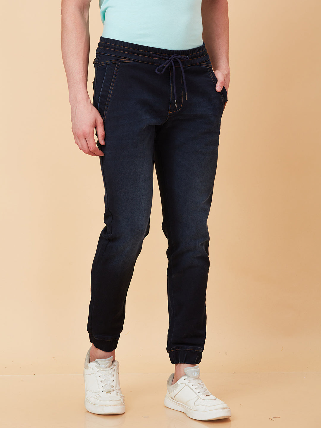 Dark Blue Jogger Fit Denims For Men By Being Human Clothing