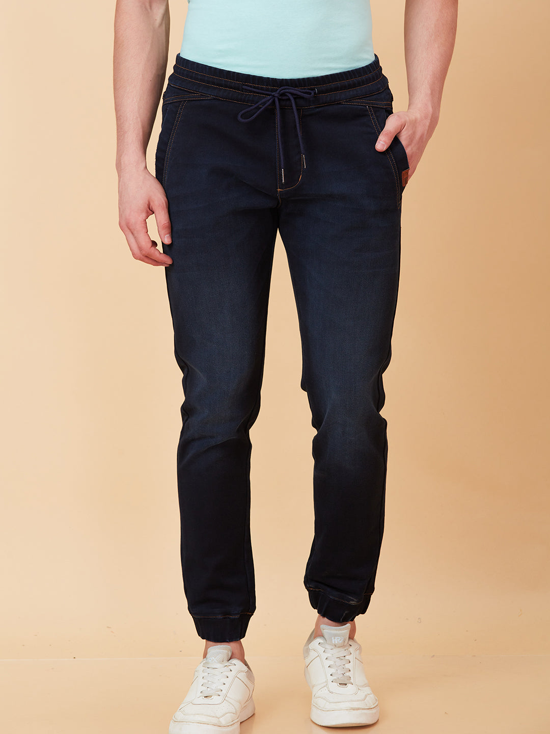 Dark Blue Jogger Fit Denims For Men By Being Human Clothing
