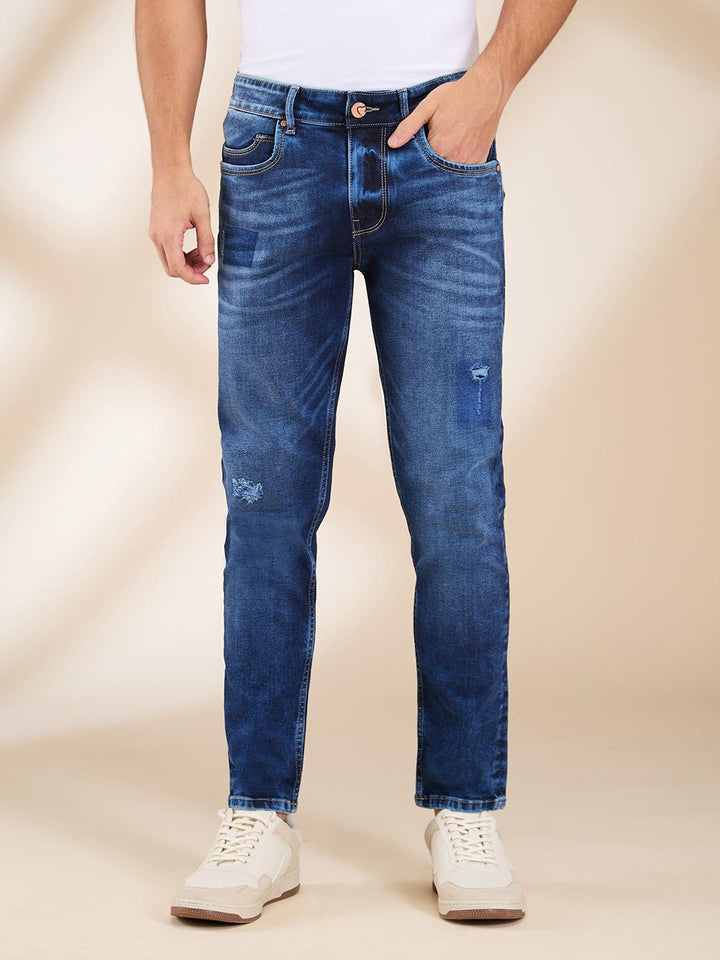Dark Blue Cropped Fit Denims For Men By Being Human Clothing