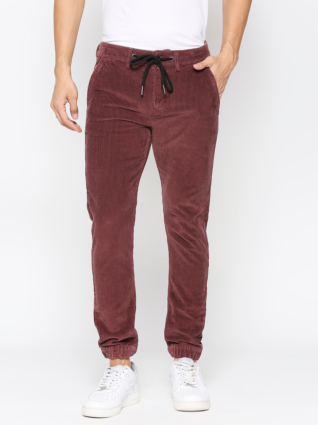 Maroon Slim Fit Joggers For Men By Being Human Clothing