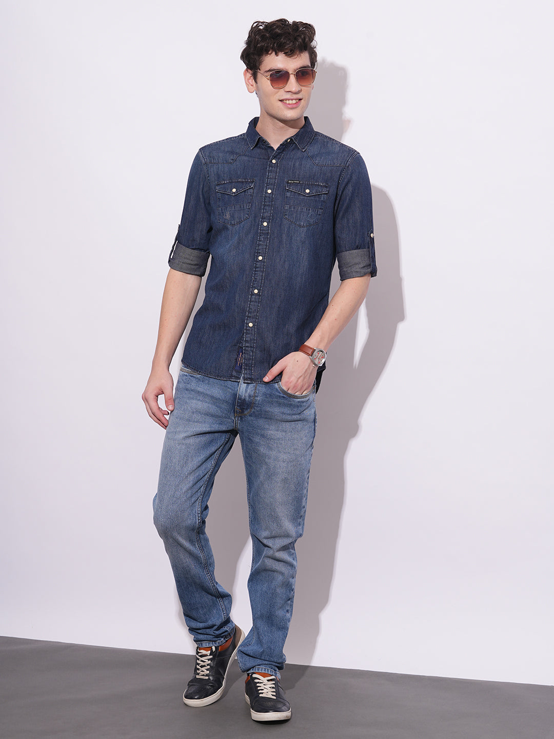 Dark Blue Regular Fit Regular Collar Men's Shirt by Being Human Clothing