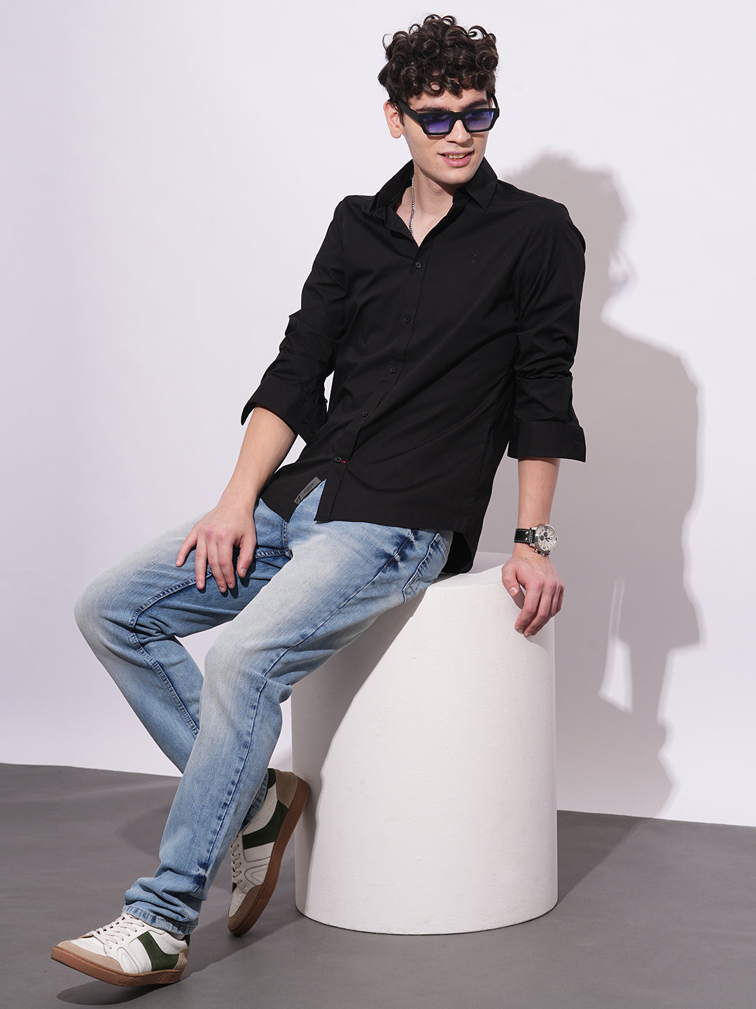 Black Slim Fit Regular Collar Men's Shirt by Being Human Clothing