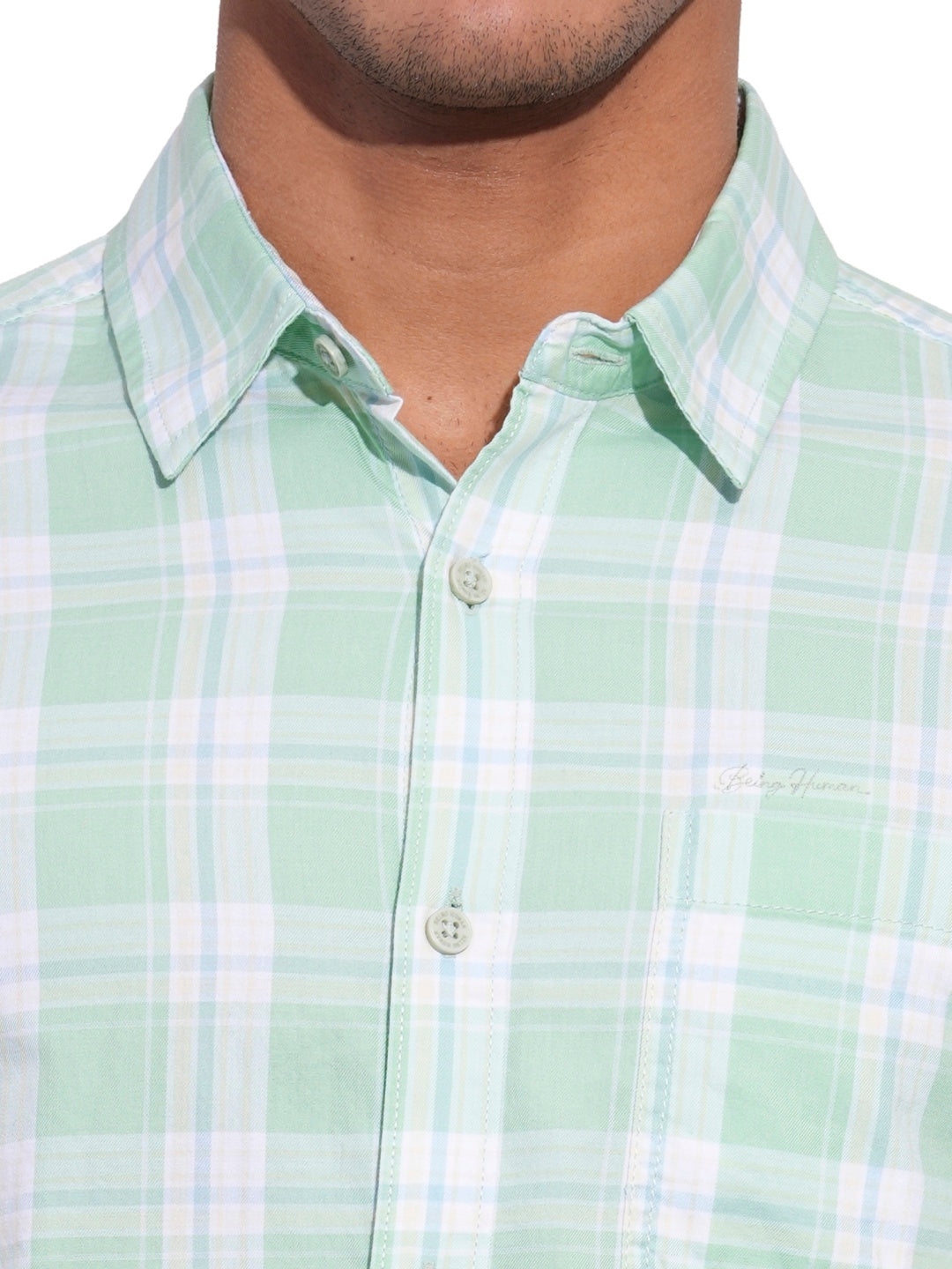 Green Regular Fit Regular Collar Men's Shirt by Being Human Clothing