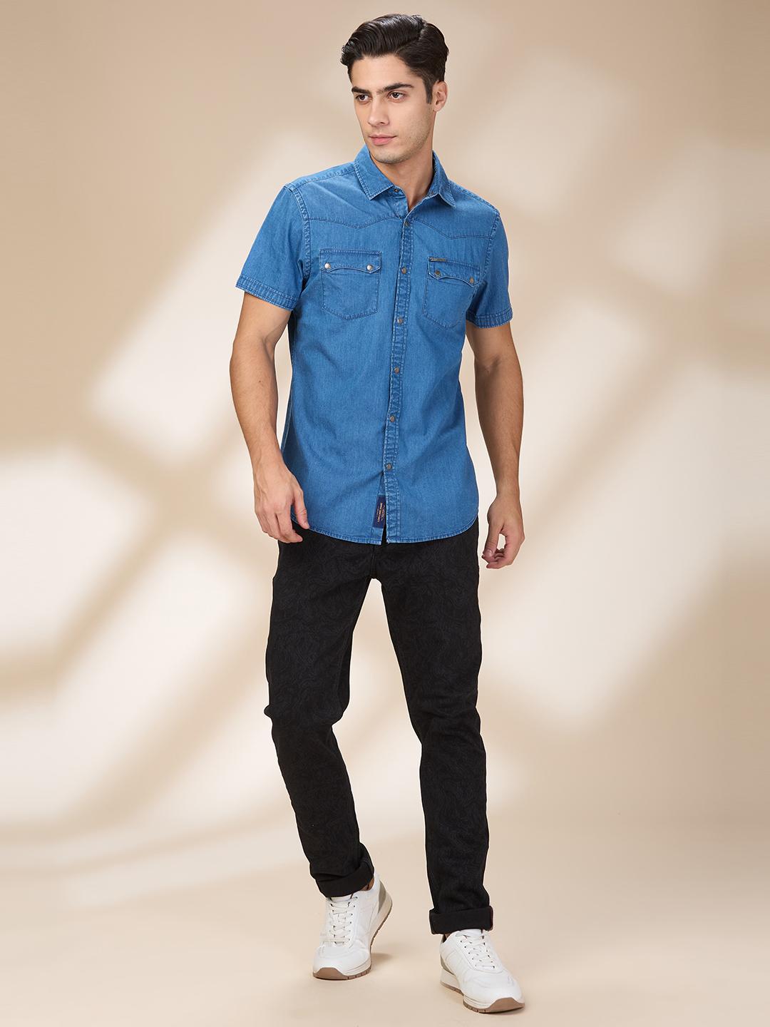 Blue Regular Fit Regular Collar Men's Shirt by Being Human Clothing