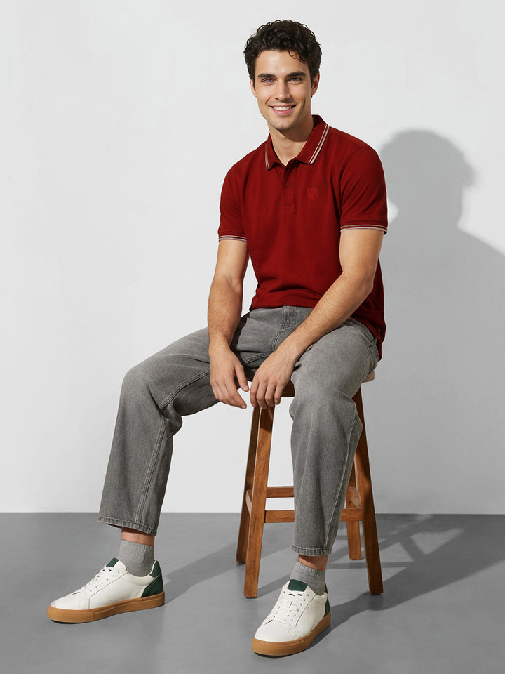 Maroon Moderno Fit Men's Short Sleeves Tipped Polo T-Shirt by Being Human Clothing
