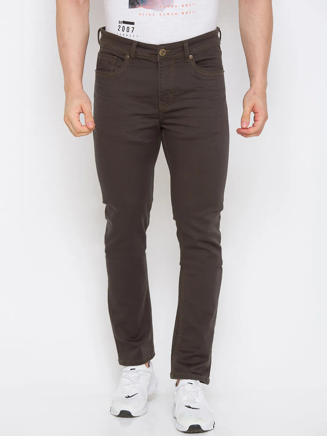 Olive Skinny Straight Fit Men's Denims by Being Human Clothing