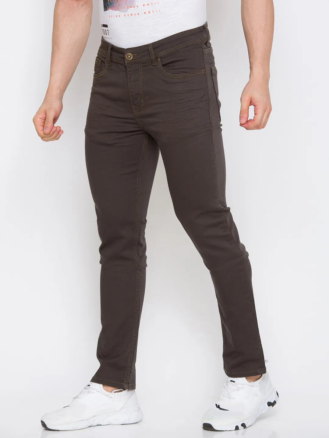 Olive Skinny Straight Fit Men's Denims by Being Human Clothing