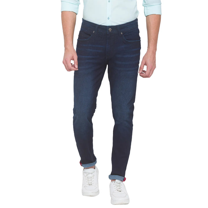 Dark Blue Skinny Cropped Fit Denims For Men