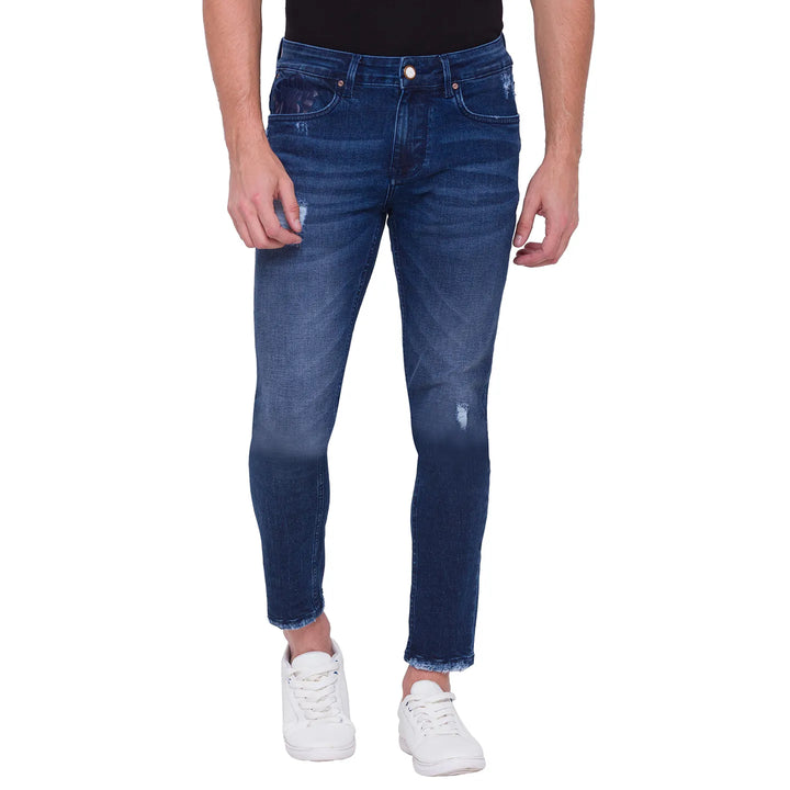 Dark Blue Skinny Cropped Fit Denims For Men