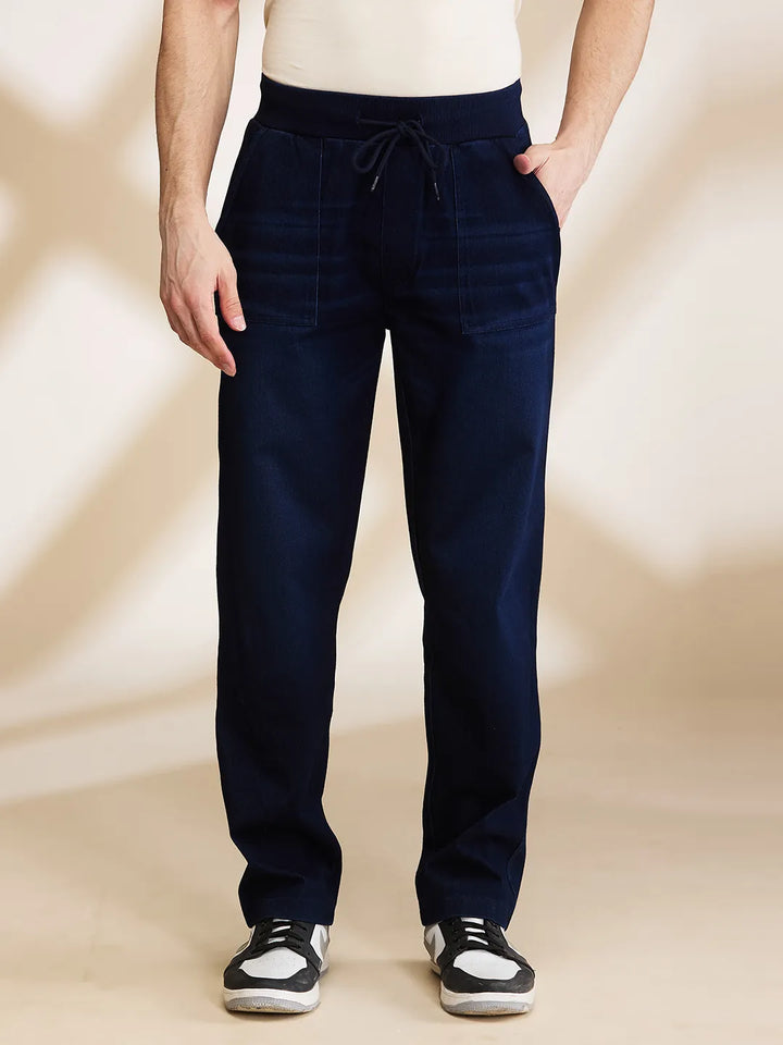 Dark Blue Straight Fit Joggers For Men By Being Human Clothing