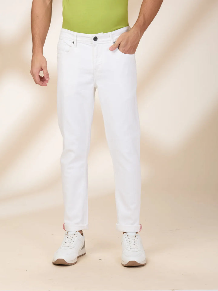 White Cropped Fit Denims For Men By Being Human Clothing