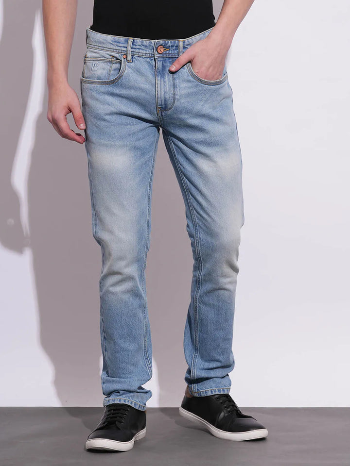 Light Blue Slim Fit Denims For Men By Being Human Clothing