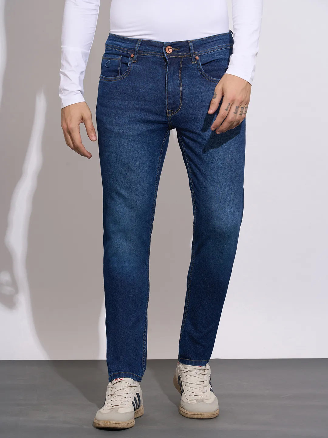 Men's Blue Cropped Fit Mid-Wash Skinny Jeans by Being Human Clothing