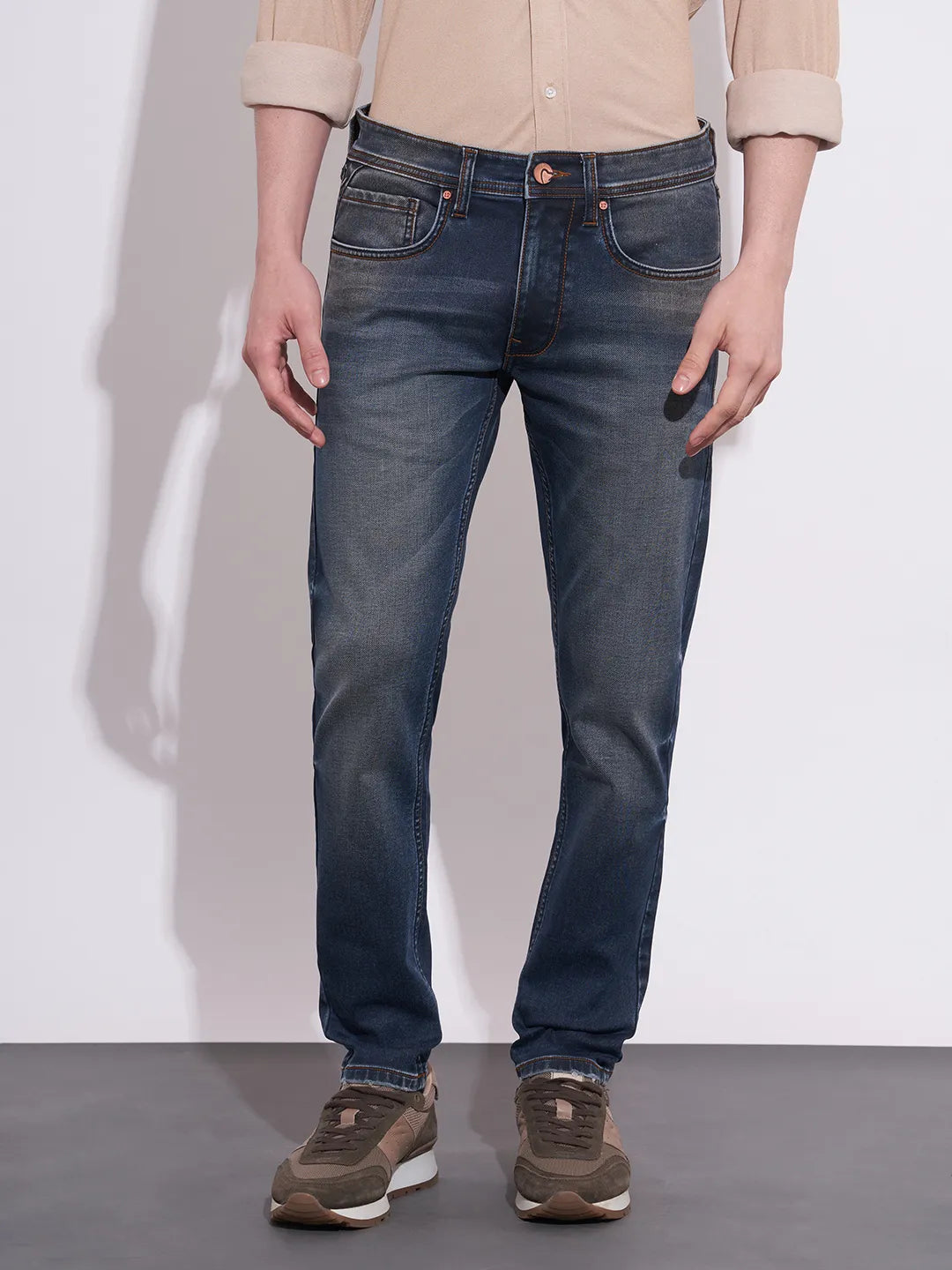 Being Human Men's Dark Blue Straight Fit Mid-Wash Jeans