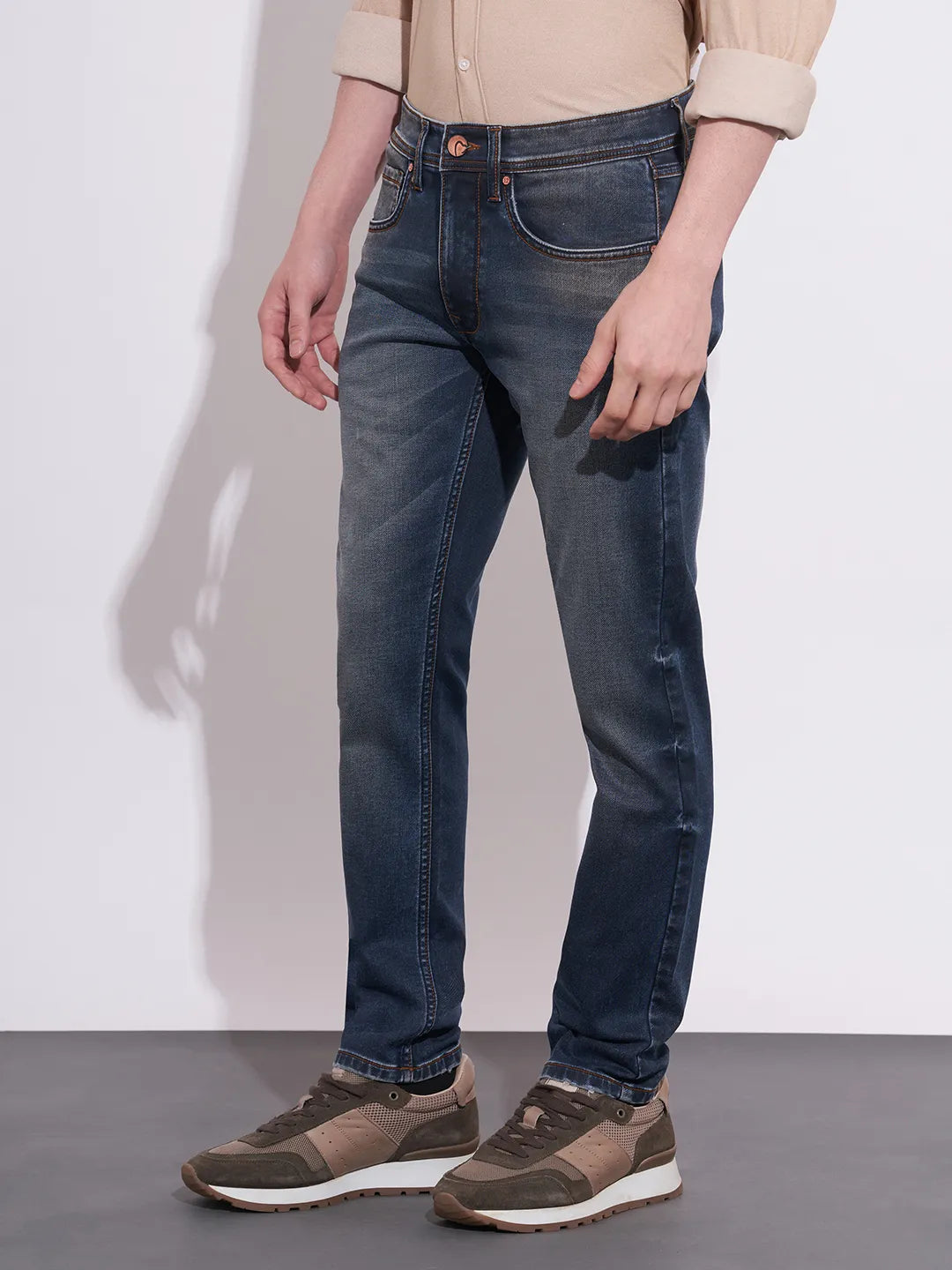 Being Human Men's Dark Blue Straight Fit Mid-Wash Jeans