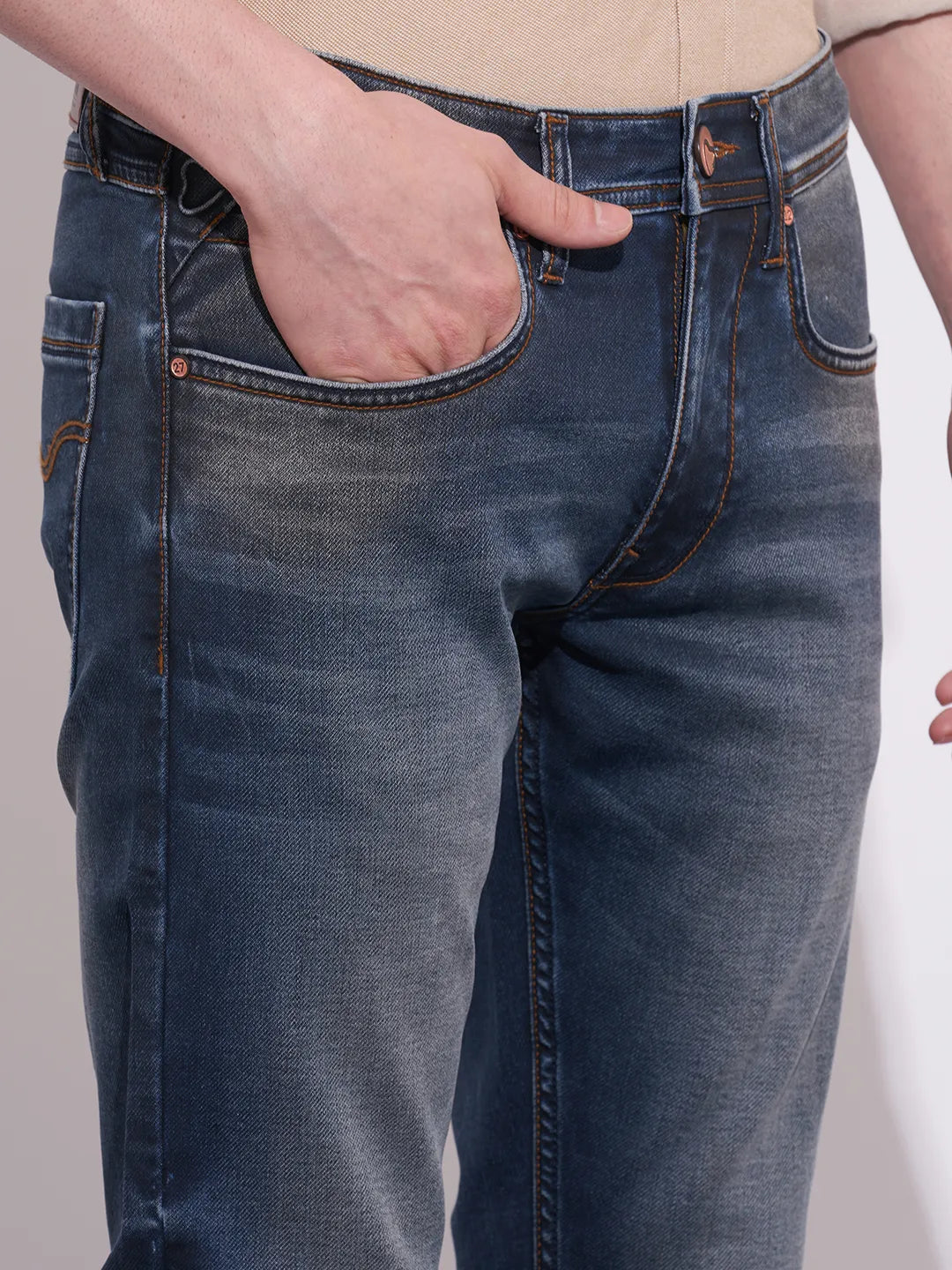 Being Human Men's Dark Blue Straight Fit Mid-Wash Jeans