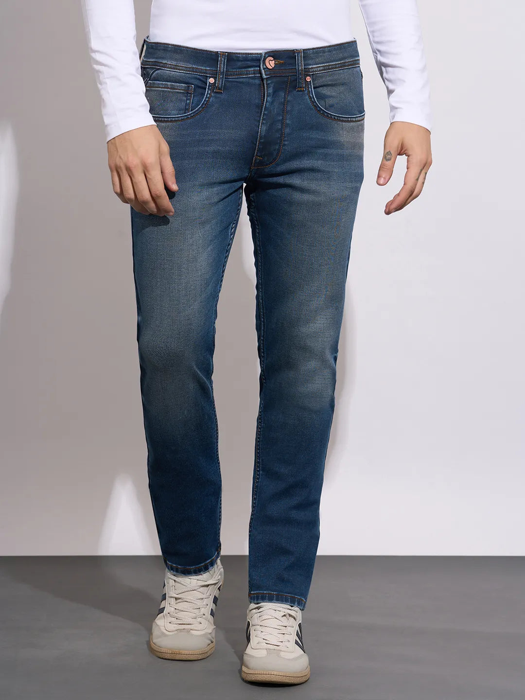 Men's Dark Blue Mid-Rise Slim Fit Jeans by Being Human Clothing