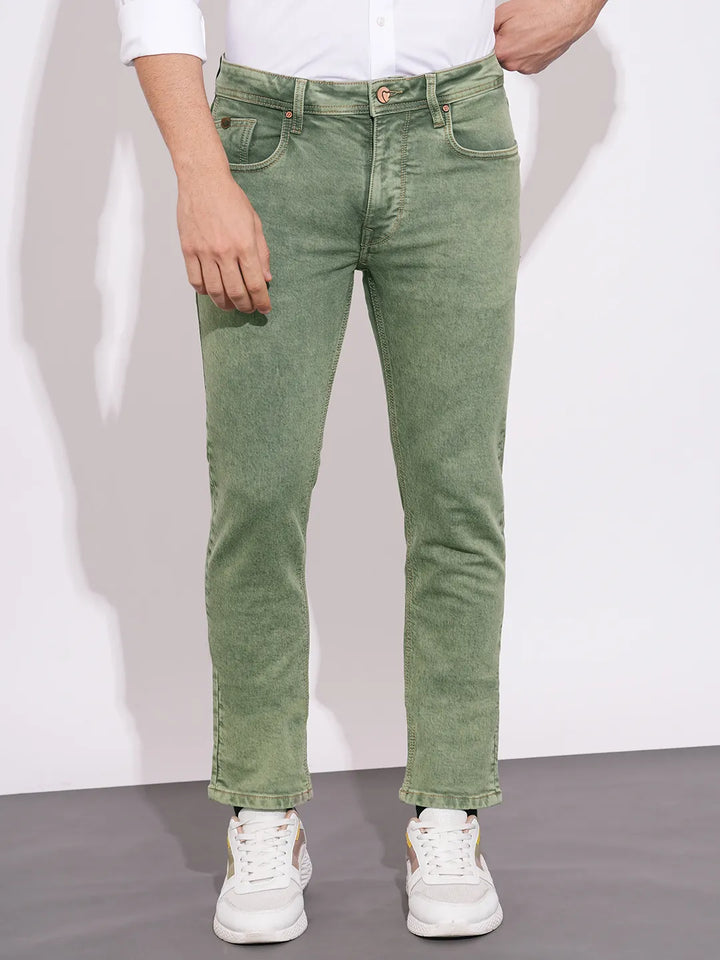 Olive Straight Fit Cotton Blend Men's Denims by Being Human Clothing