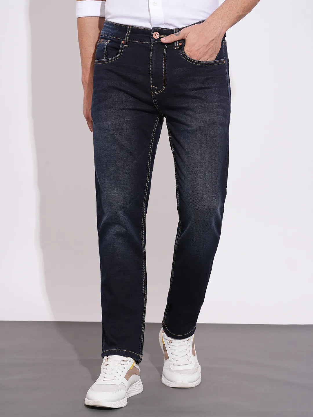 Being Human Men's Navy Straight Fit Mid-Wash Jeans